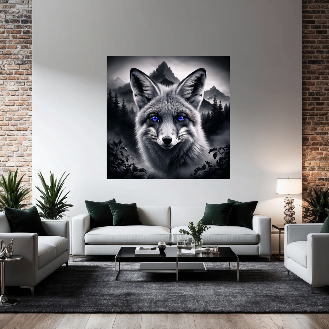 Toiles - Black & White Fox aux yeux bleus