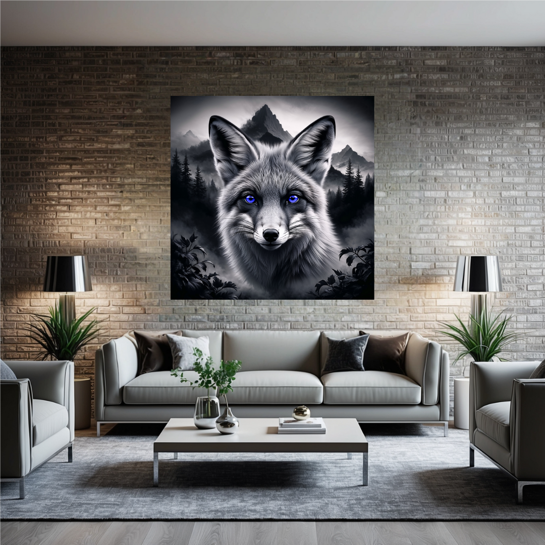 Toiles - Black & White Fox aux yeux bleus