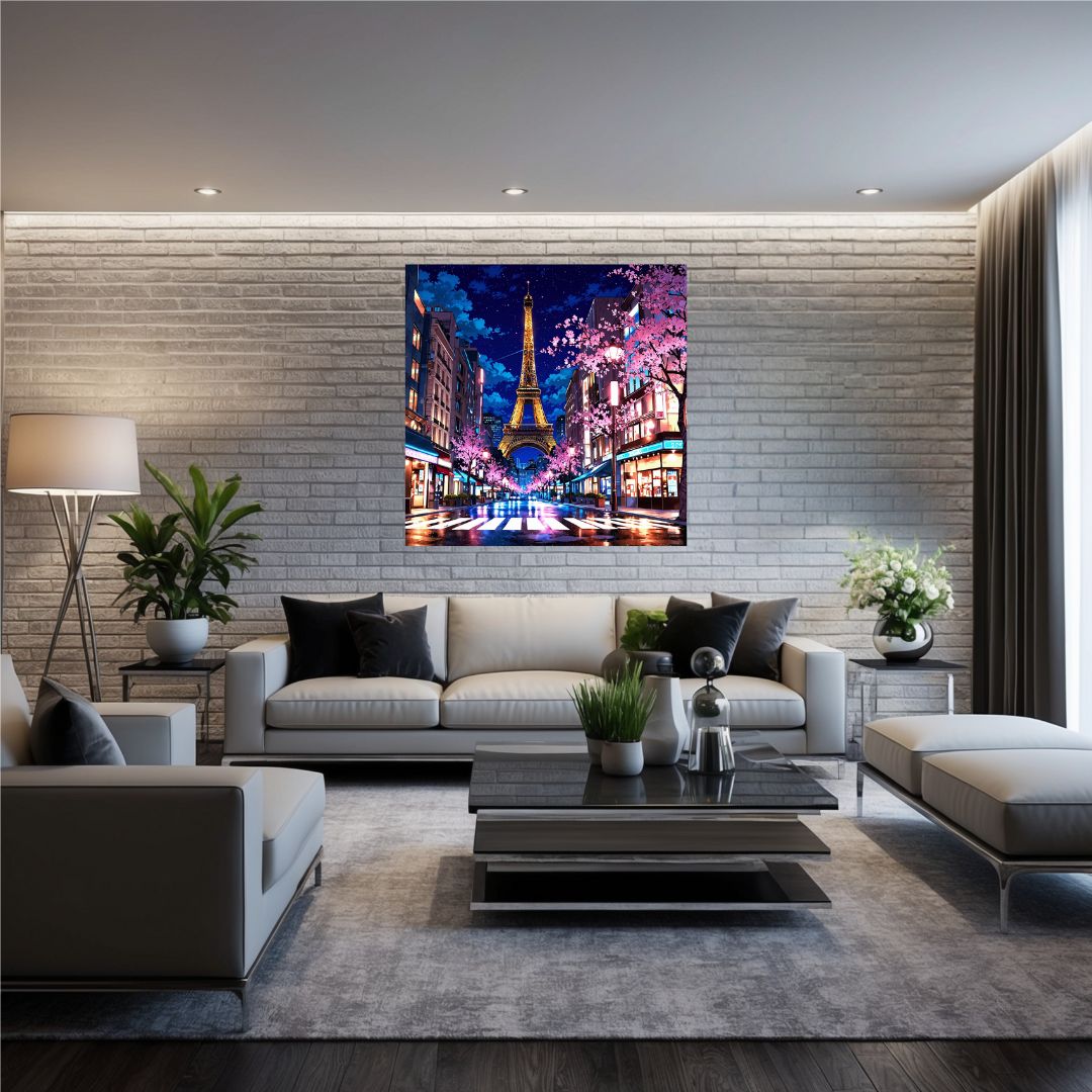 Sublime tableau pour salon moderne sur un mur de brique, il représente paris la nuit version illuminé