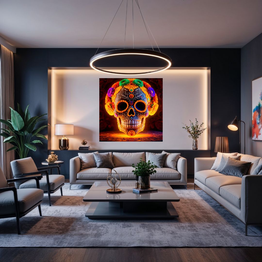 Magnifique tableau commémorant le jour des mort dia del muertos plein de couleur sur un mur de salon moderne 
