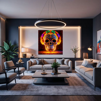 Magnifique tableau commémorant le jour des mort dia del muertos plein de couleur sur un mur de salon moderne 