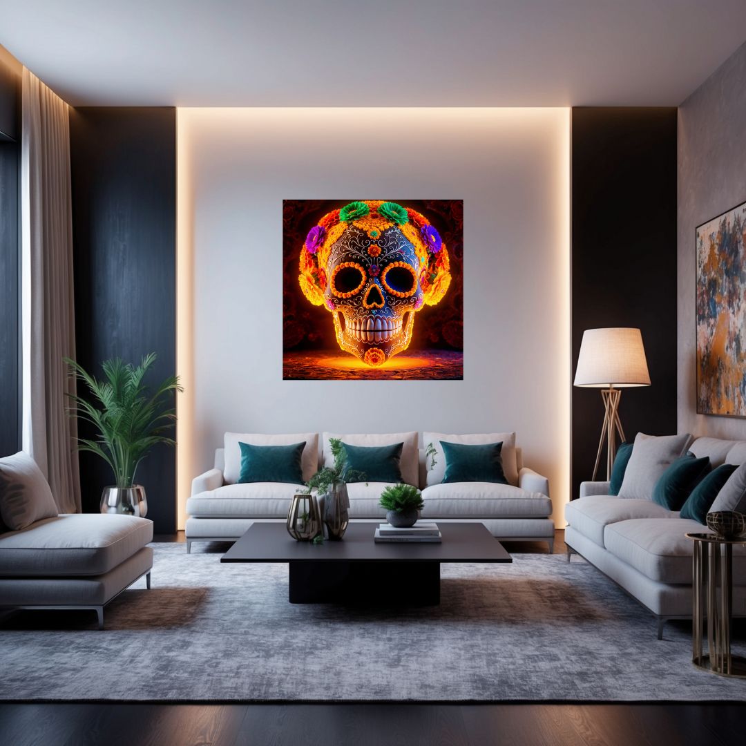 Magnifique tableau commémorant le jour des mort dia del muertos plein de couleur sur un mur de salon moderne et industriel