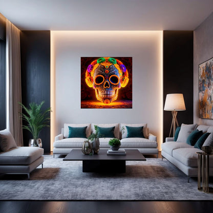 Magnifique tableau commémorant le jour des mort dia del muertos plein de couleur sur un mur de salon moderne et industriel