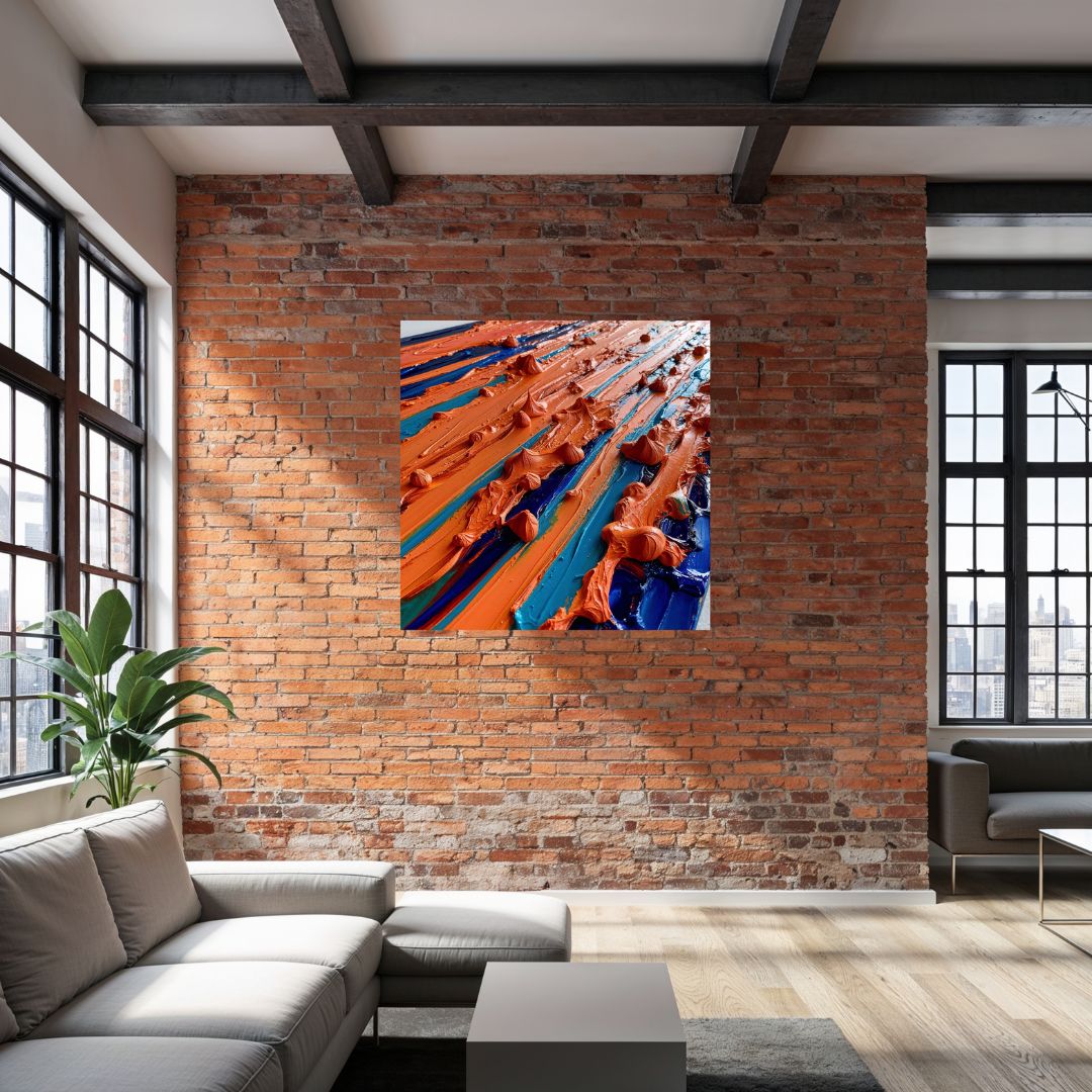 Magnifique tableau d'une peinture au couteau orange sur un mur de brique