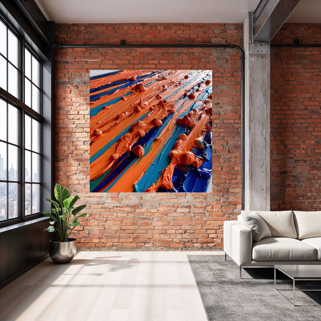 Magnifique peinture au couteau sur mur de brique orange