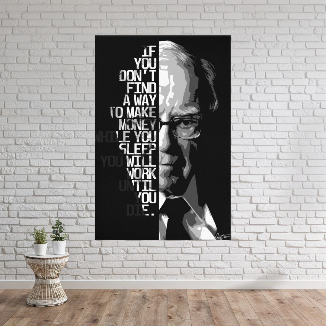 Toile citation Warren Buffett accroché sur un mur de brique blanc