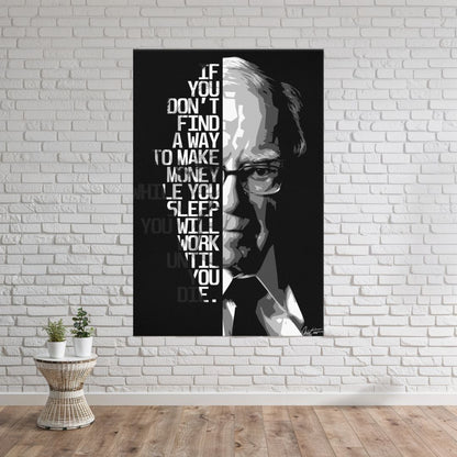 Toile citation Warren Buffett accroché sur un mur de brique blanc