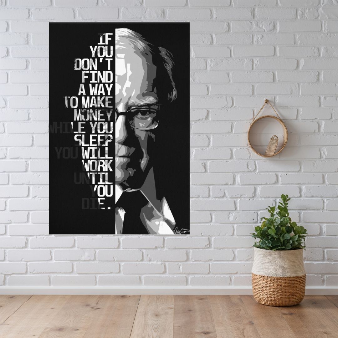 Toile citation Warren Buffett accroché sur un mur de brique blanc