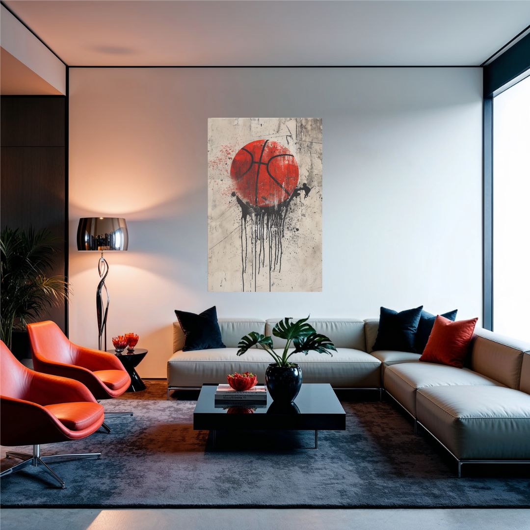 Une magnifique toile représentant un ballon de basket street art est accrochée au mur dans un salon moderne