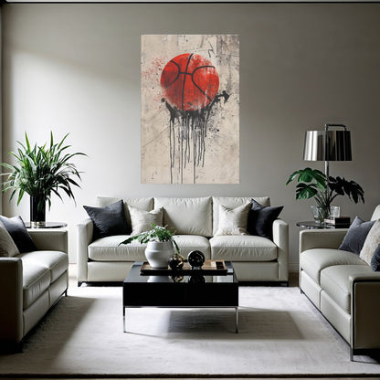 Une magnifique toile représentant un ballon de basket est accrochée au mur dans un salon moderne